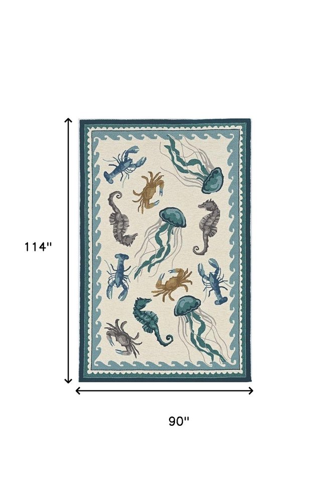 5' X 8' Teal Blue Round Abstract Indoor Outdoor Area Rug