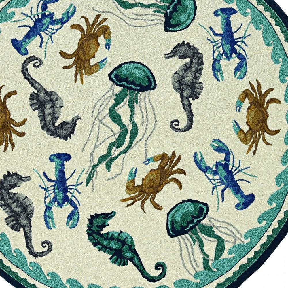 8' X 10' Teal Blue Round Abstract Indoor Outdoor Area Rug