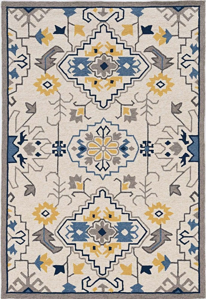 2' X 3' Ivory Blue And Yellow Southwestern Hand Tufted Area Rug