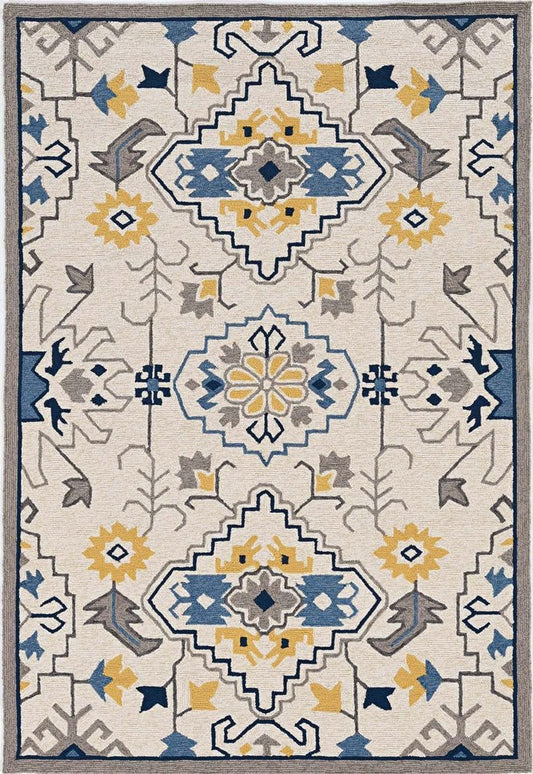 2' X 3' Ivory Blue And Yellow Southwestern Hand Tufted Area Rug