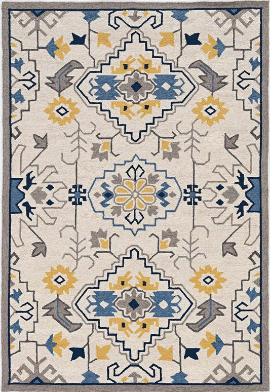 2' X 3' Ivory Blue And Yellow Southwestern Hand Tufted Area Rug