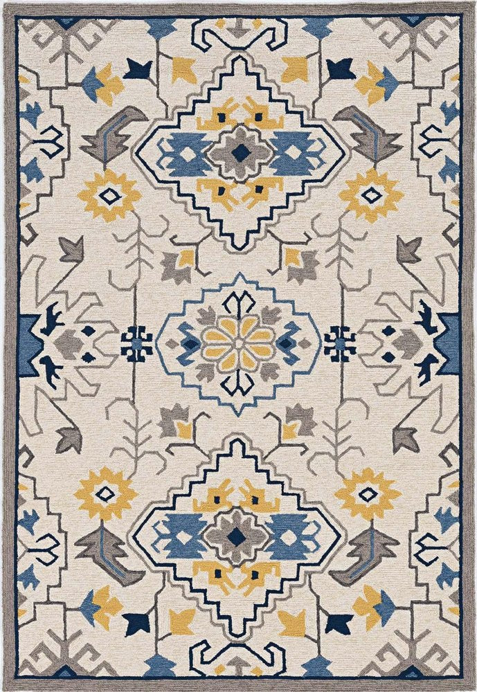 3' X 5' Ivory Blue And Yellow Southwestern Hand Tufted Area Rug