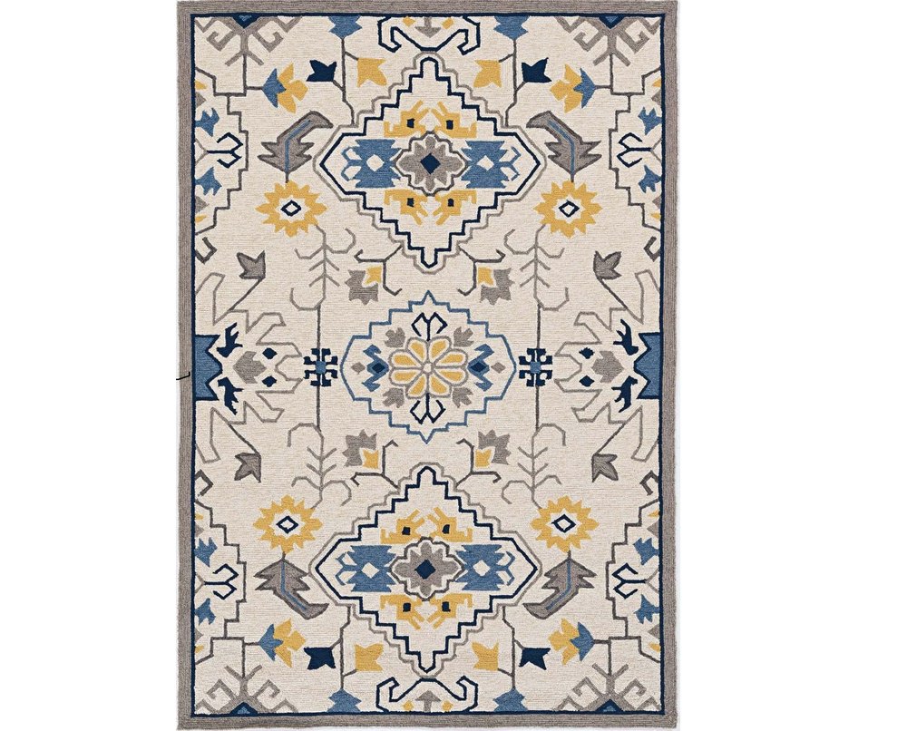 3' X 5' Ivory Blue And Yellow Southwestern Hand Tufted Area Rug
