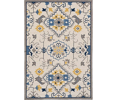 3' X 5' Ivory Blue And Yellow Southwestern Hand Tufted Area Rug
