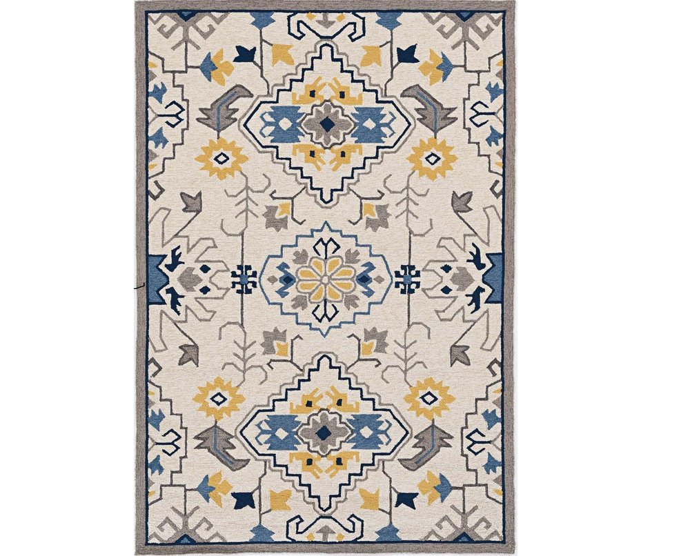 2' X 3' Ivory Blue And Yellow Southwestern Hand Tufted Area Rug