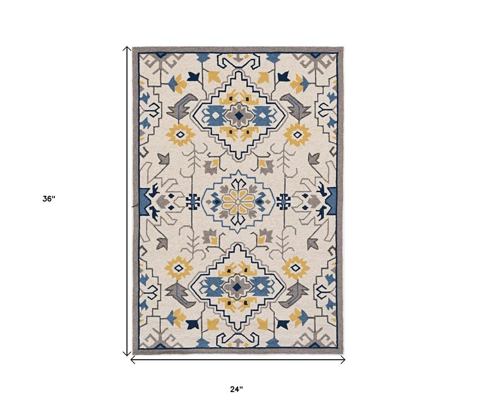 2' X 3' Ivory Blue And Yellow Southwestern Hand Tufted Area Rug