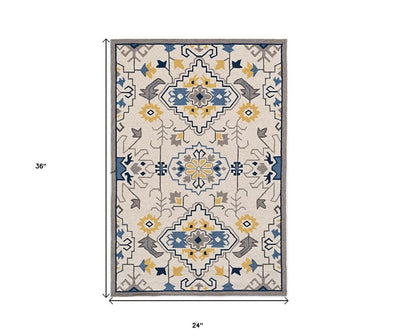 2' X 3' Ivory Blue And Yellow Southwestern Hand Tufted Area Rug