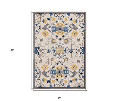 3' X 5' Ivory Blue And Yellow Southwestern Hand Tufted Area Rug