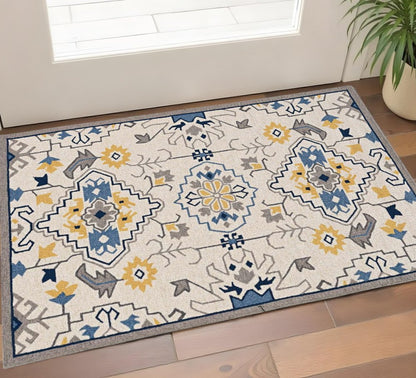 3' X 5' Ivory Blue And Yellow Southwestern Hand Tufted Area Rug
