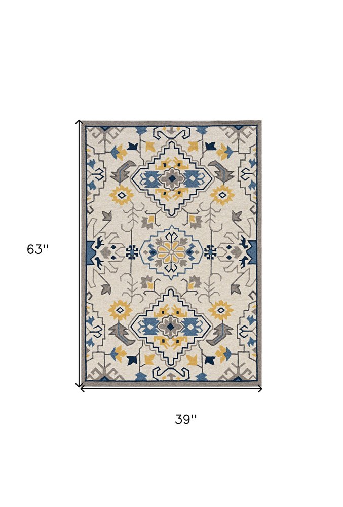 3' X 5' Ivory Blue And Yellow Southwestern Hand Tufted Area Rug