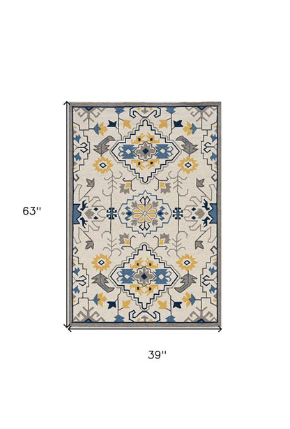 3' X 5' Ivory Blue And Yellow Southwestern Hand Tufted Area Rug