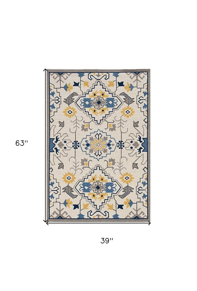 2' X 3' Ivory Blue And Yellow Southwestern Hand Tufted Area Rug