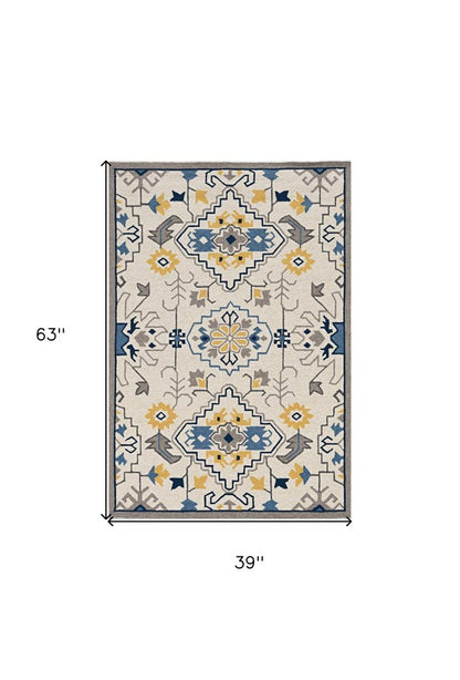 2' X 3' Ivory Blue And Yellow Southwestern Hand Tufted Area Rug