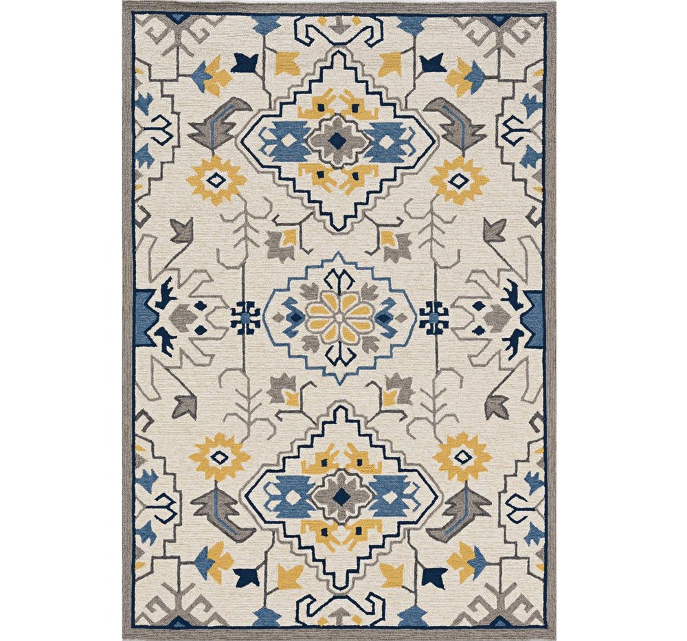 2' X 3' Ivory Blue And Yellow Southwestern Hand Tufted Area Rug