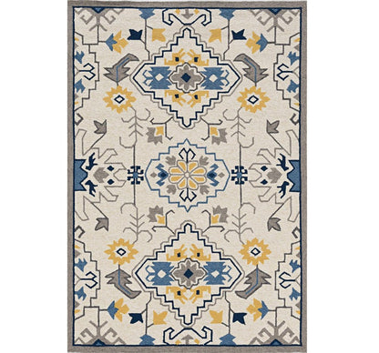2' X 3' Ivory Blue And Yellow Southwestern Hand Tufted Area Rug