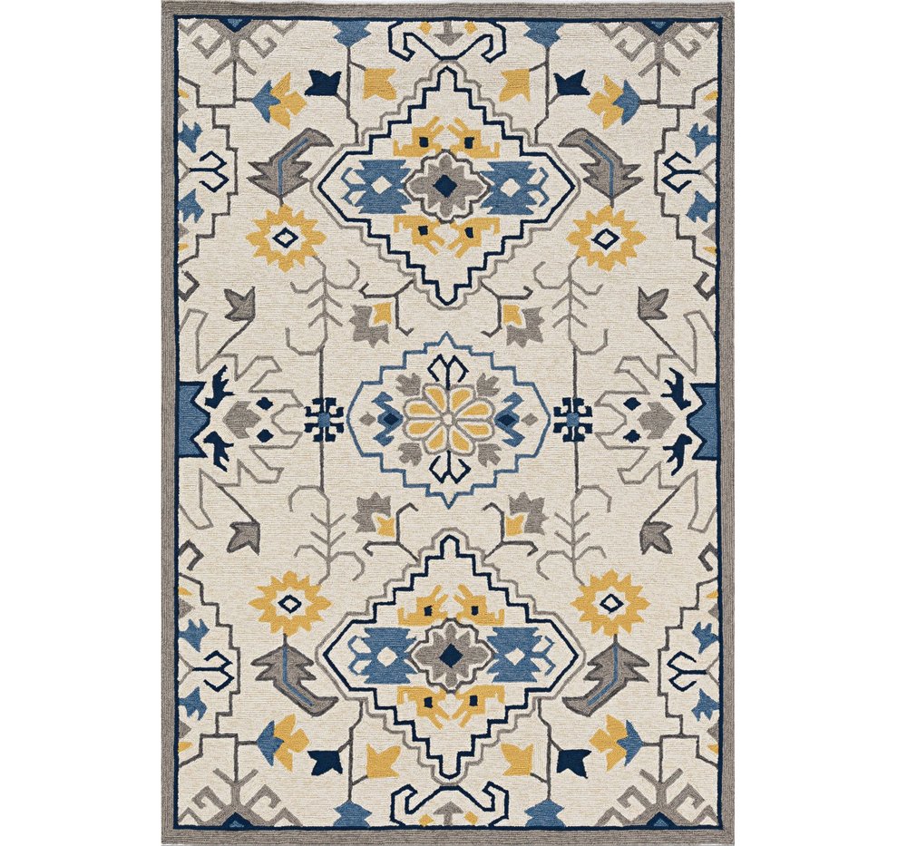 3' X 5' Ivory Blue And Yellow Southwestern Hand Tufted Area Rug