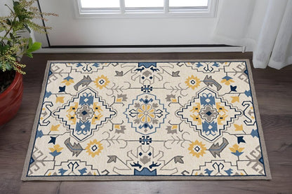 2' X 3' Ivory Blue And Yellow Southwestern Hand Tufted Area Rug