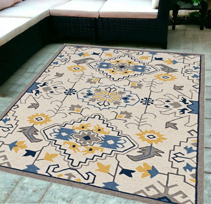 5' X 8' Ivory Abstract Indoor Outdoor Area Rug