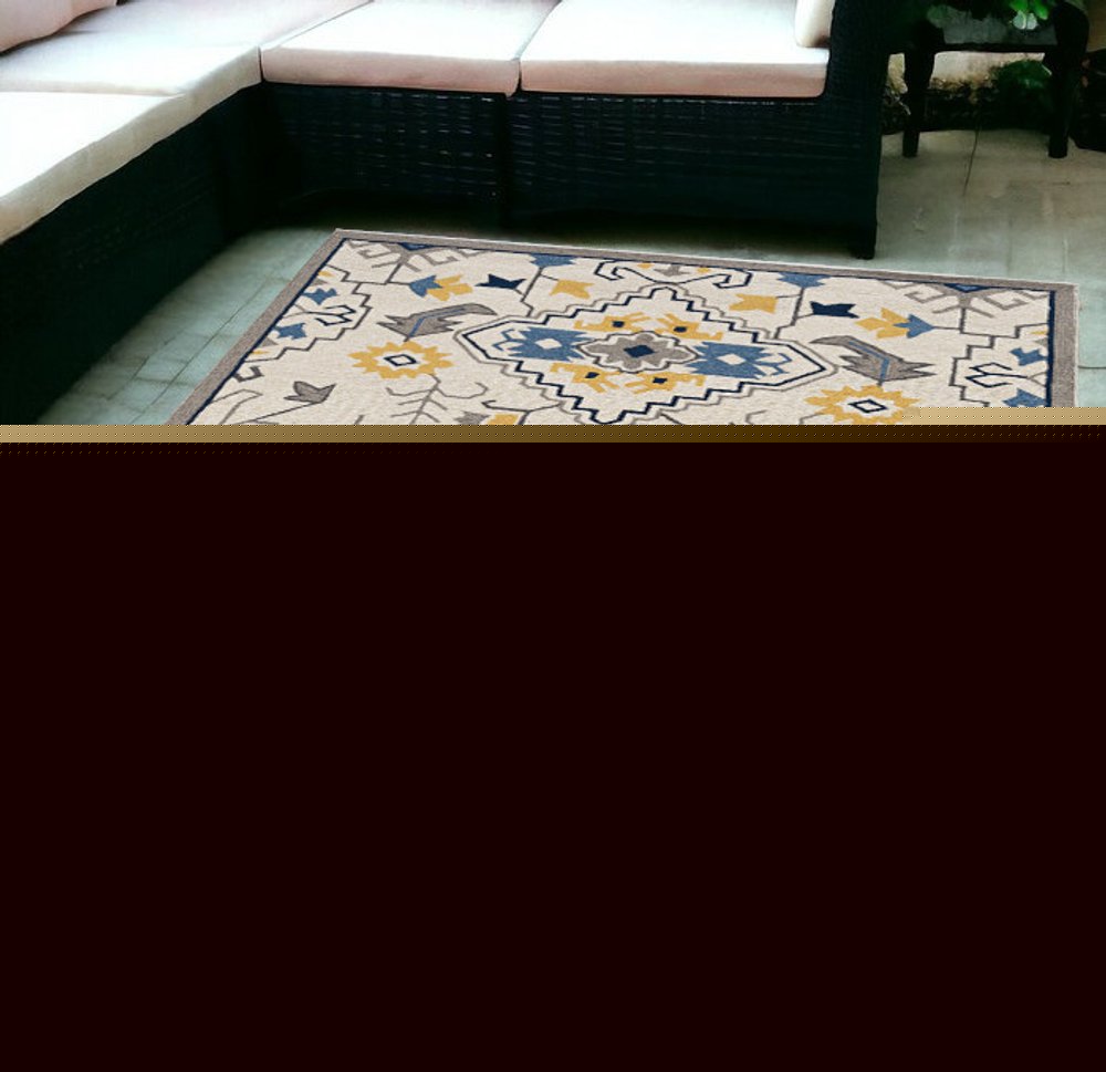 8' Ivory Round Abstract Indoor Outdoor Area Rug