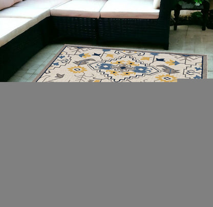8' Ivory Round Abstract Indoor Outdoor Area Rug