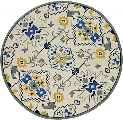 8' Ivory Round Abstract Indoor Outdoor Area Rug