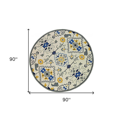 8' Ivory Round Abstract Indoor Outdoor Area Rug
