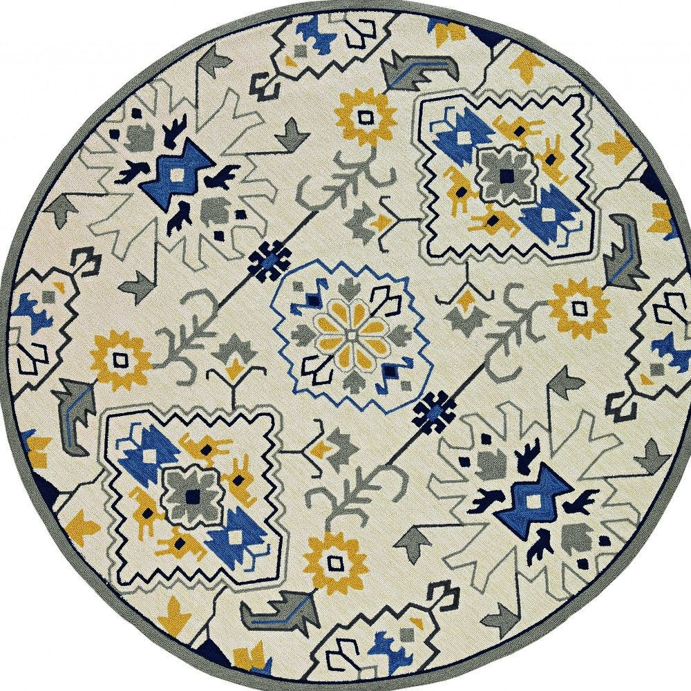8' Ivory Round Abstract Indoor Outdoor Area Rug
