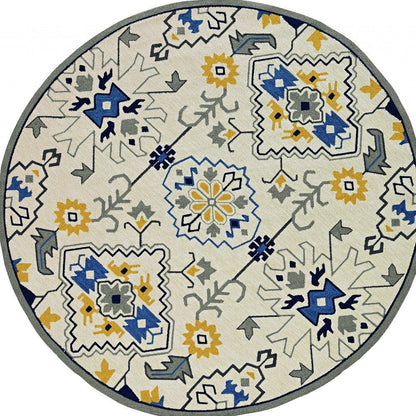 8' Ivory Round Abstract Indoor Outdoor Area Rug