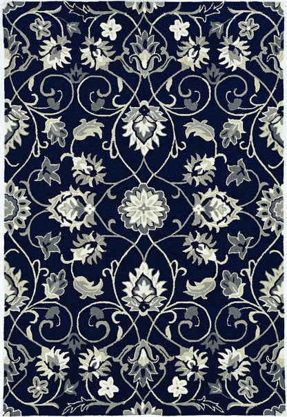5' X 8' Navy Blue Round Floral Indoor Outdoor Area Rug