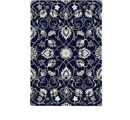 5' X 8' Navy Blue Round Floral Indoor Outdoor Area Rug