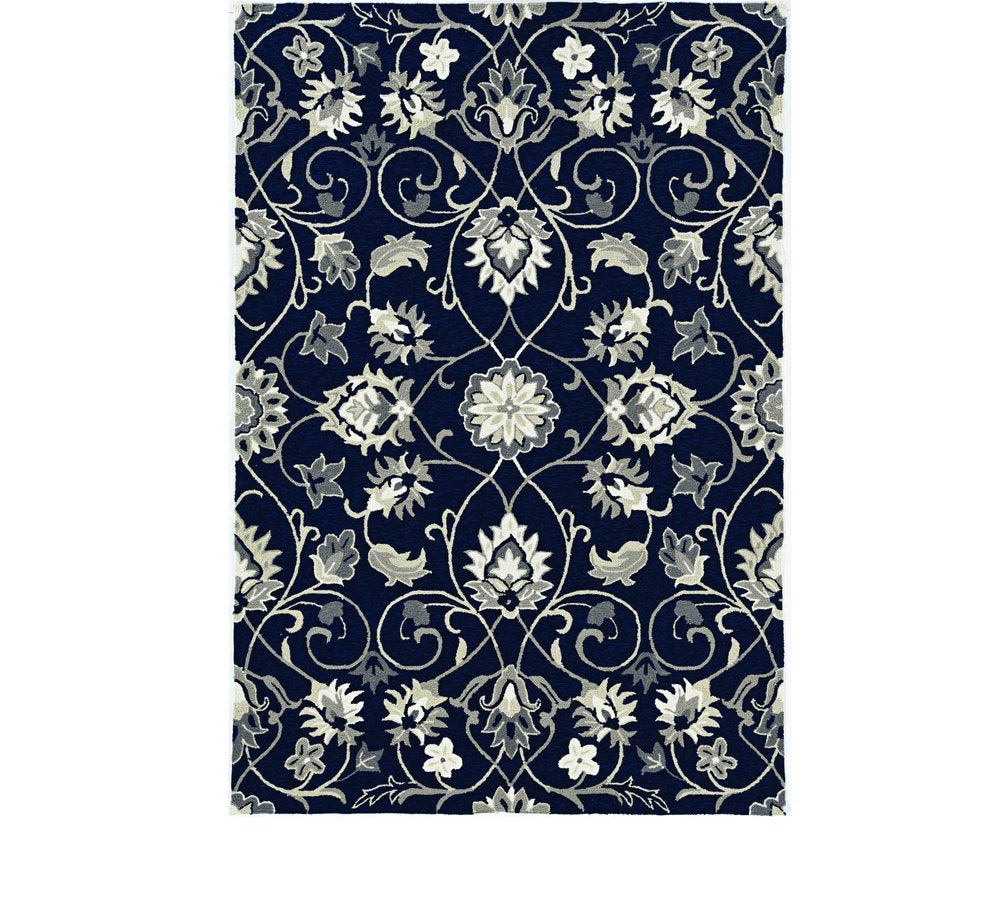 8' X 10' Navy Blue Round Floral Indoor Outdoor Area Rug