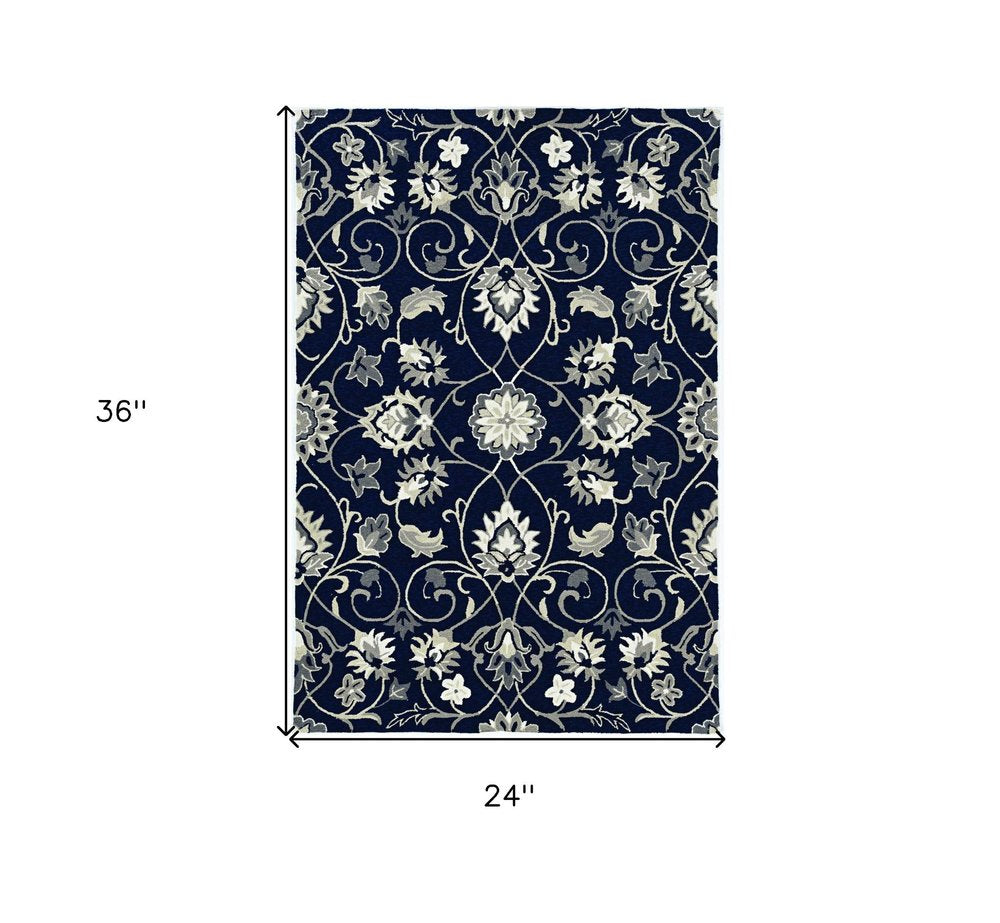 8' X 10' Navy Blue Round Floral Indoor Outdoor Area Rug