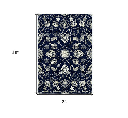 8' X 10' Navy Blue Round Floral Indoor Outdoor Area Rug