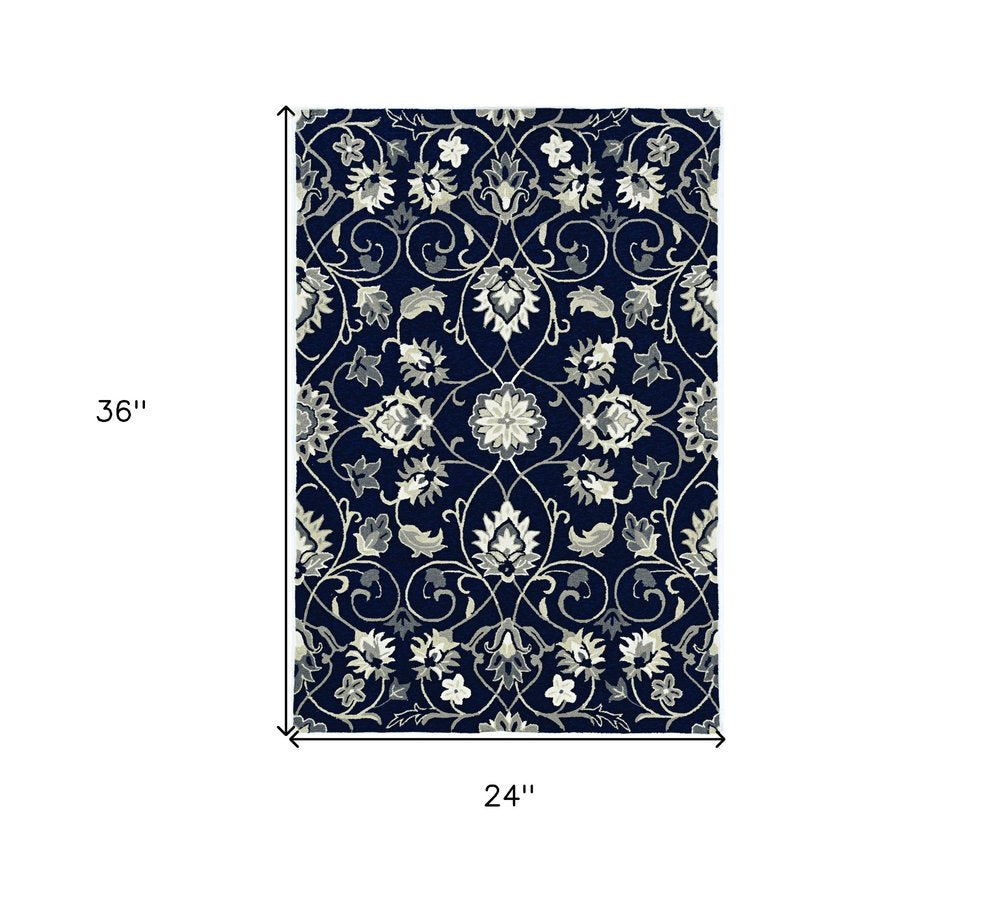 5' X 8' Navy Blue Round Floral Indoor Outdoor Area Rug