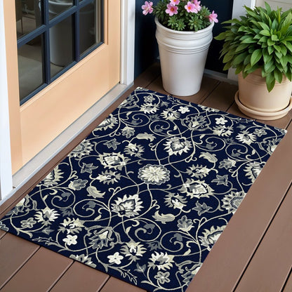 5' X 8' Navy Blue Round Floral Indoor Outdoor Area Rug