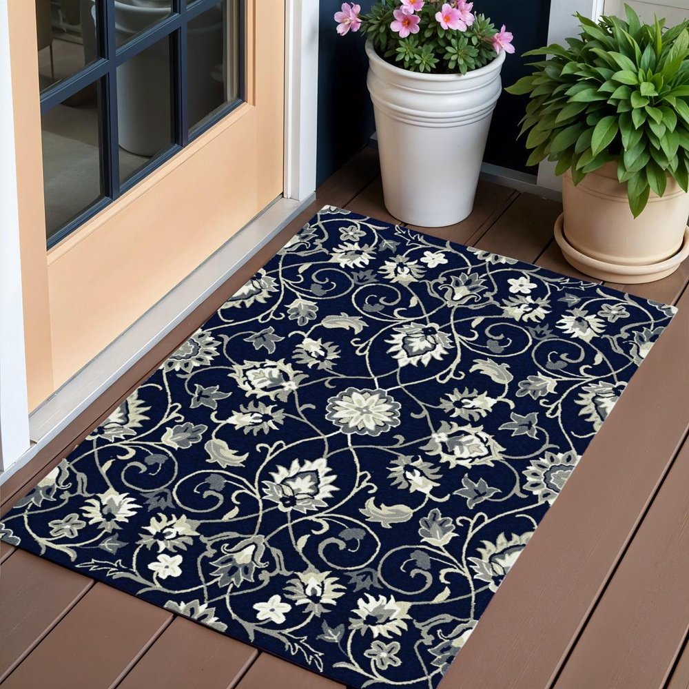 8' X 10' Navy Blue Round Floral Indoor Outdoor Area Rug