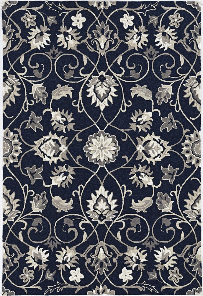 8' X 10' Navy Blue Round Floral Indoor Outdoor Area Rug