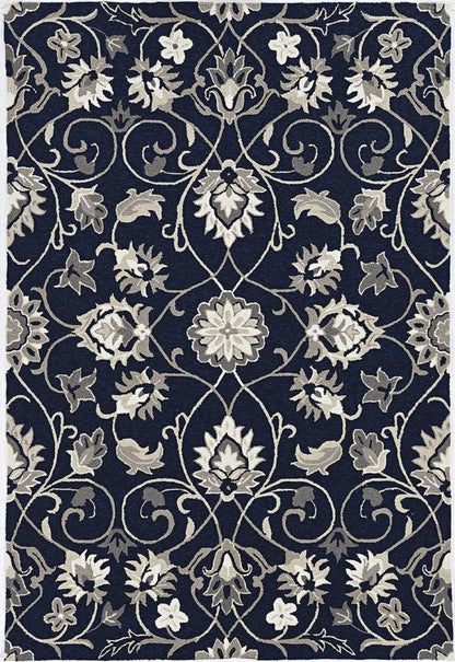 8' X 10' Navy Blue Round Floral Indoor Outdoor Area Rug