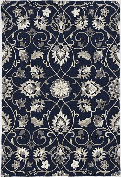 5' X 8' Navy Blue Round Floral Indoor Outdoor Area Rug