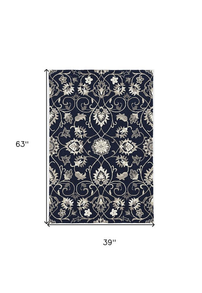 5' X 8' Navy Blue Round Floral Indoor Outdoor Area Rug
