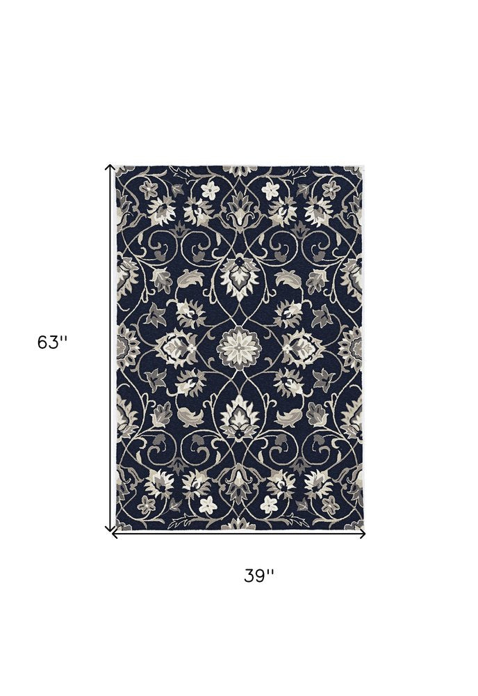 5' X 8' Navy Blue Round Floral Indoor Outdoor Area Rug