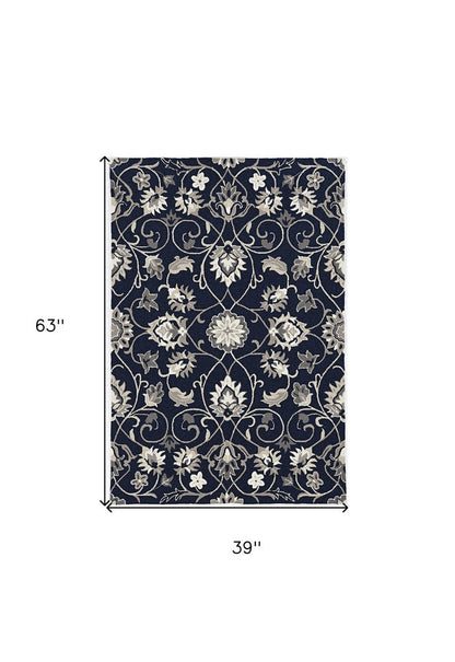 5' X 8' Navy Blue Round Floral Indoor Outdoor Area Rug