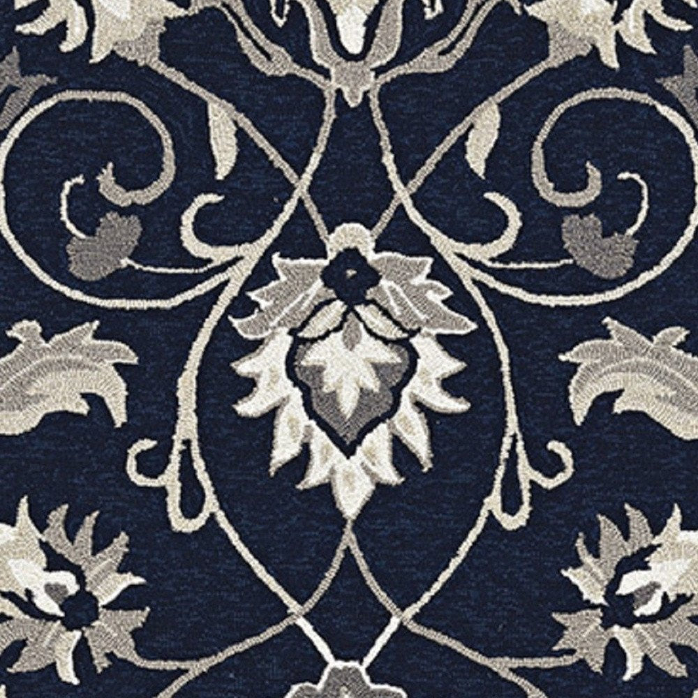 5' X 8' Navy Blue Round Floral Indoor Outdoor Area Rug