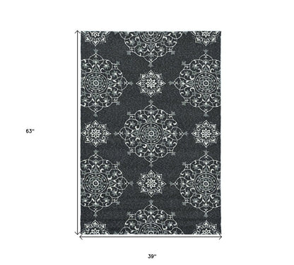 3' X 5' Charcoal Ivory And Gray Medallion Hand Tufted Area Rug