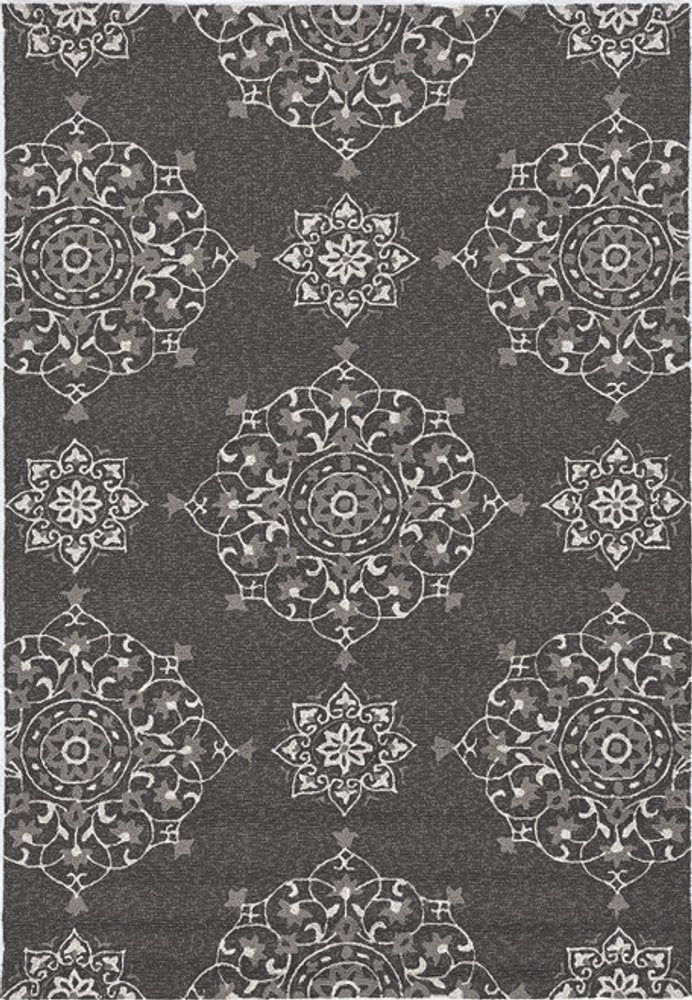 5' X 8' Charcoal Round Floral Indoor Outdoor Area Rug