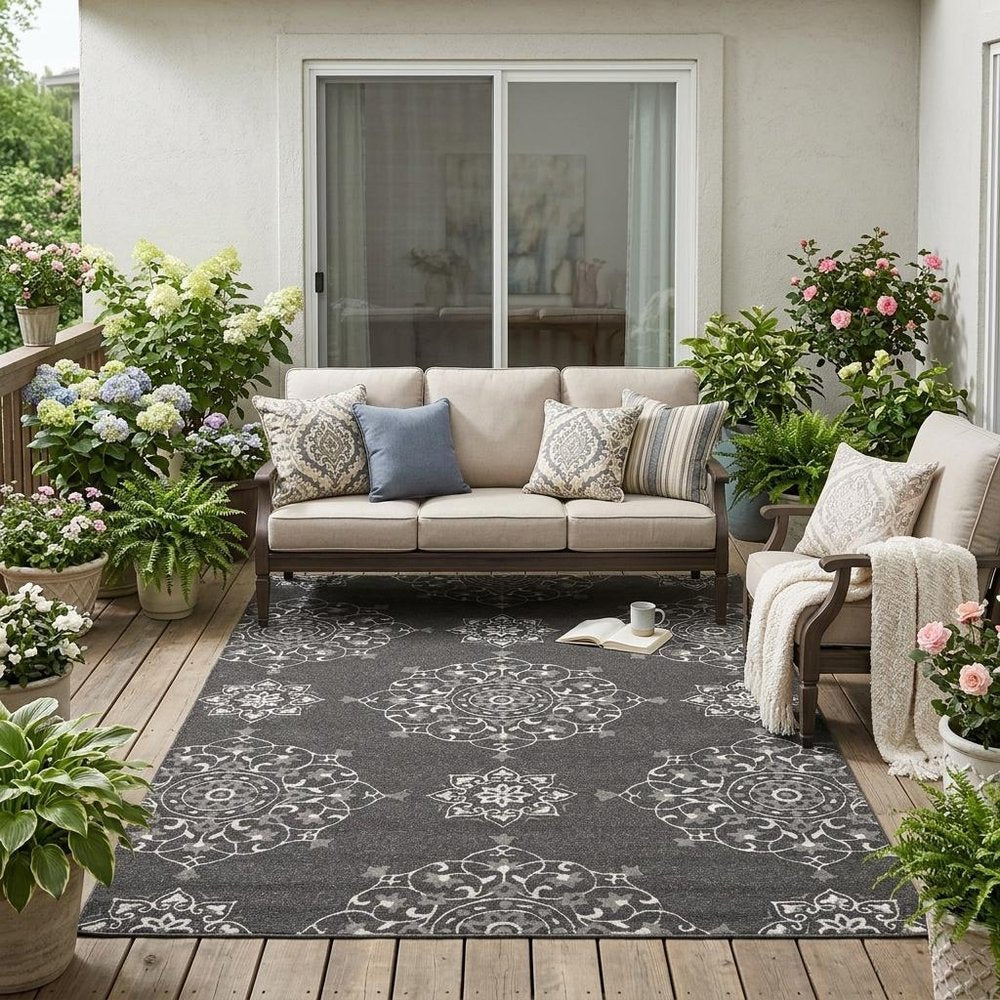 5' X 8' Charcoal Round Floral Indoor Outdoor Area Rug