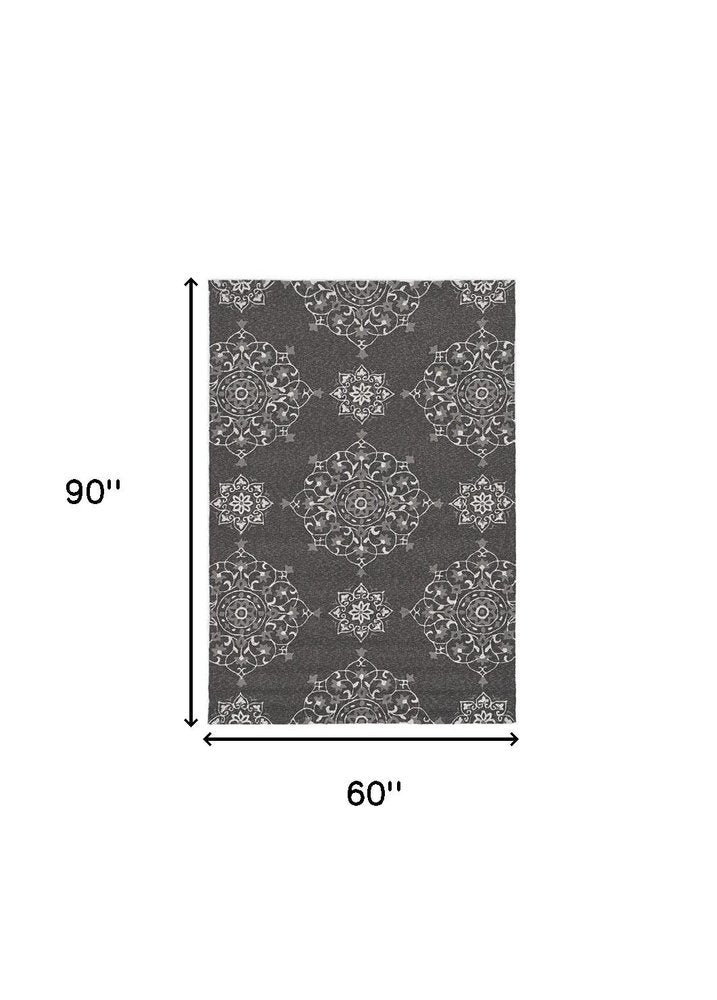 5' X 8' Charcoal Round Floral Indoor Outdoor Area Rug