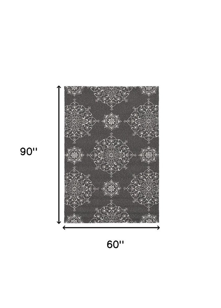 8' Charcoal Round Floral Indoor Outdoor Area Rug