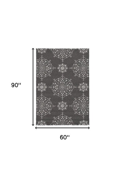 8' Charcoal Round Floral Indoor Outdoor Area Rug