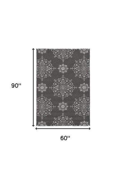 5' X 8' Charcoal Round Floral Indoor Outdoor Area Rug